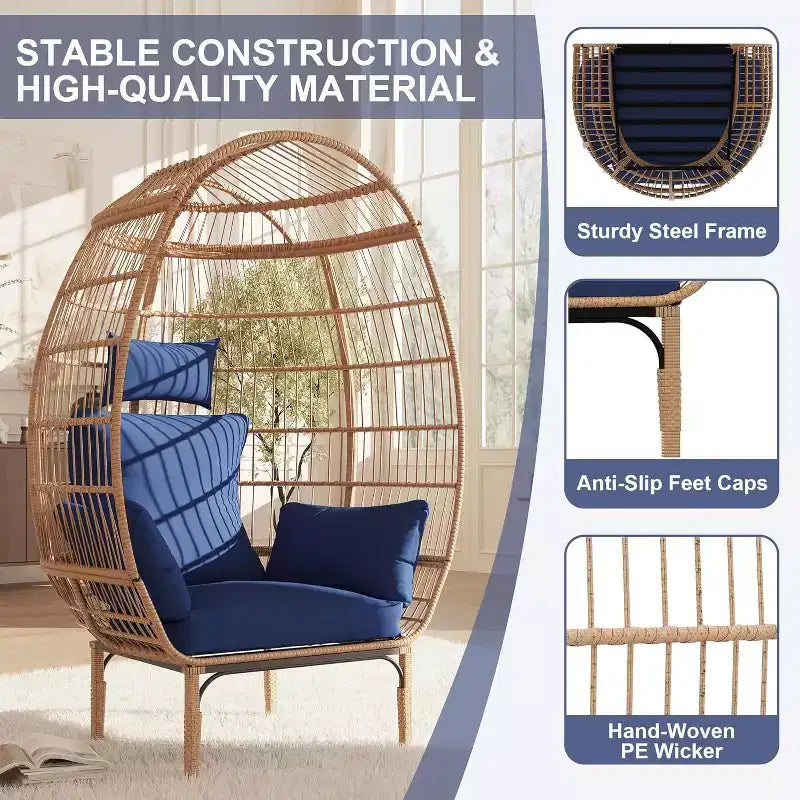 Wicker Egg Chair - Waterproof rattan egg chair with thick seat cushion, hand-woven rattan, galvanized frame, and non-slip feet - for gardens, porches