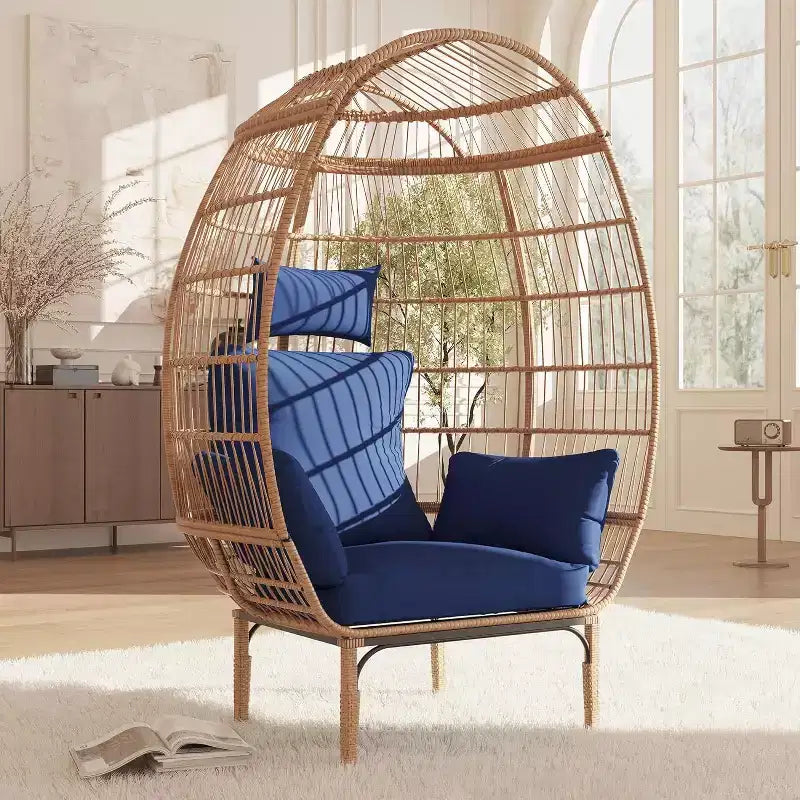 Wicker Egg Chair - Waterproof rattan egg chair with thick seat cushion, hand-woven rattan, galvanized frame, and non-slip feet - for gardens, porches