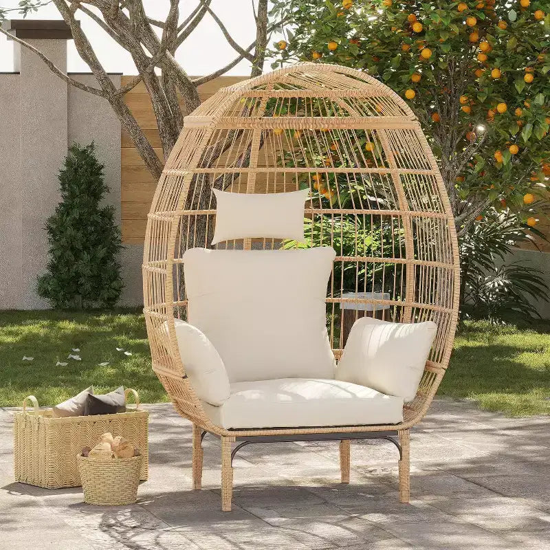 Sedia a Uovo in Vimini - Sedia a uovo in rattan impermeabile con cuscino spesso, rattan intrecciato a mano, telaio zincato e piedini antiscivolo - per giardini, portici