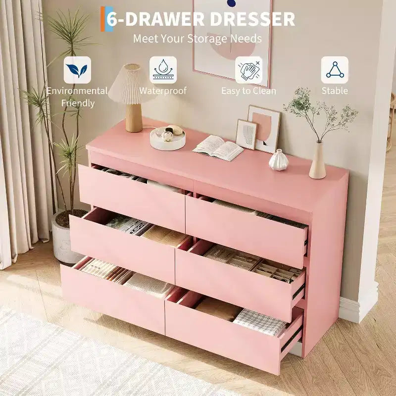 COZONY Modern 6-Drawer Dresser, Contemporary Wood Storage Cabinet, Double Dresser Chest for Bedroom Living Room Entryway