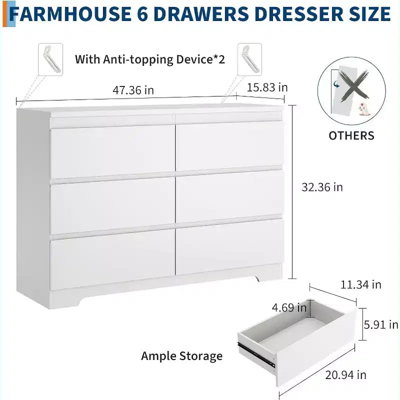 COZONY Modern 6-Drawer Dresser, Contemporary Wood Storage Cabinet, Double Dresser Chest for Bedroom Living Room Entryway