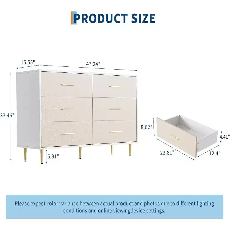 COZONY 6 Drawer White Dresser, Modern Chest of Drawers with Gold Metal Legs and Handles, Fabric Front Wooden Storage Cabinet for Bedroom, Living Room