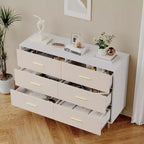 COZONY 6 Drawer White Dresser, Modern Chest of Drawers with Gold Metal Legs and Handles, Fabric Front Wooden Storage Cabinet for Bedroom, Living Room