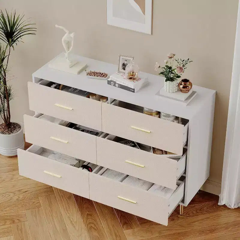 COZONY 6 Drawer White Dresser, Modern Chest of Drawers with Gold Metal Legs and Handles, Fabric Front Wooden Storage Cabinet for Bedroom, Living Room