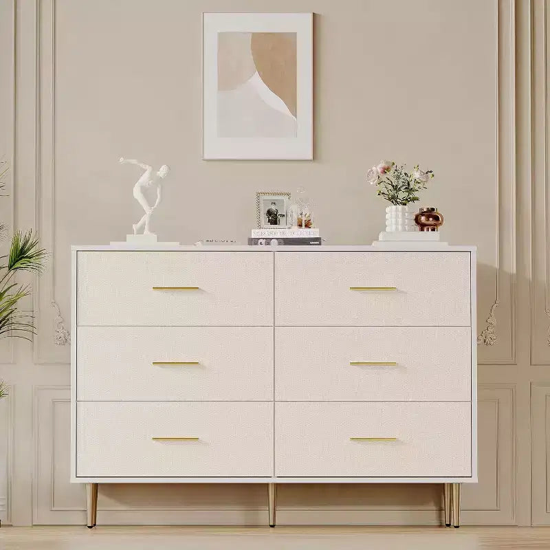 COZONY 6 Drawer White Dresser, Modern Chest of Drawers with Gold Metal Legs and Handles, Fabric Front Wooden Storage Cabinet for Bedroom, Living Room