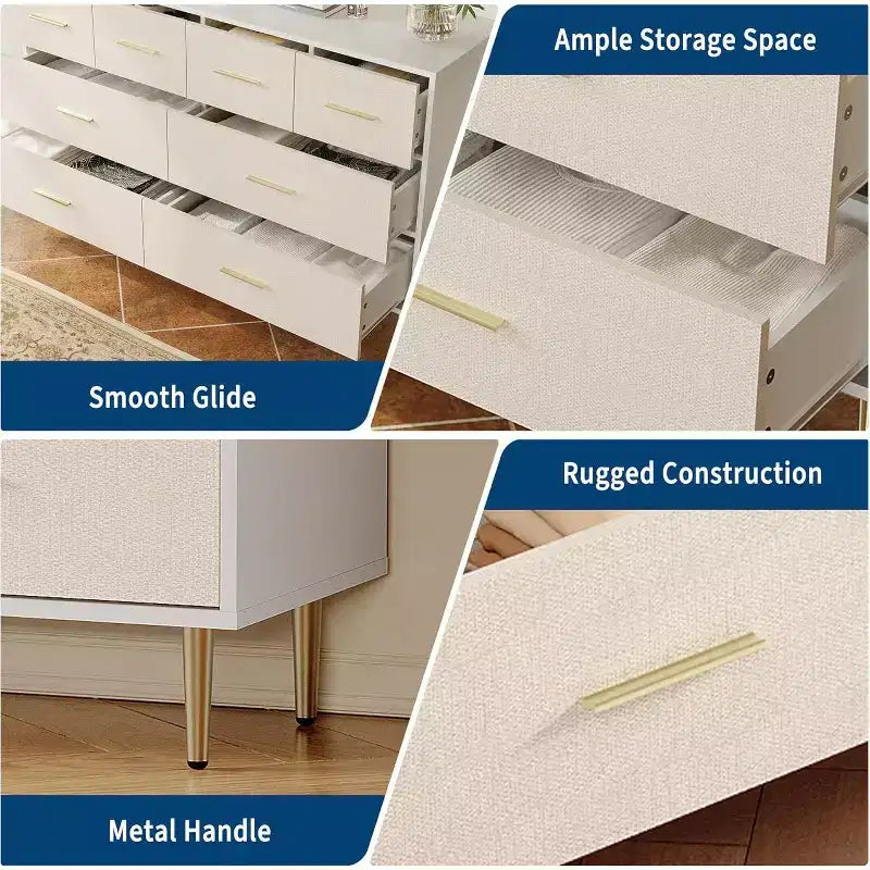 COZONY 6 Drawer White Dresser, Modern Chest of Drawers with Gold Metal Legs and Handles, Fabric Front Wooden Storage Cabinet for Bedroom, Living Room