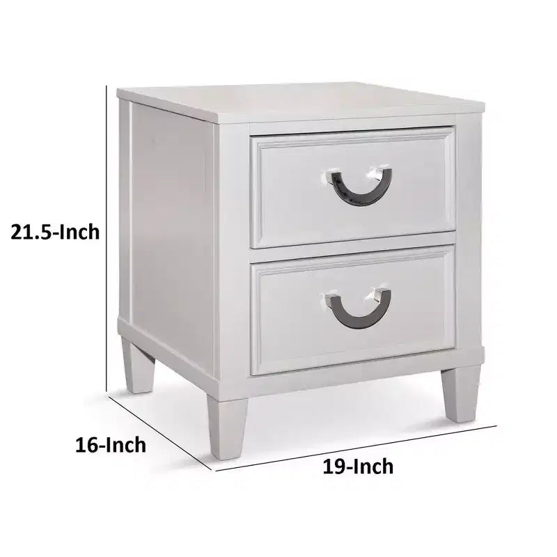 Royal Hampton Nightstand with 2 Drawers, Chrome Metal, White Wood