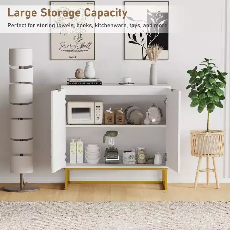 31.5 Sideboard Buffet Cabinet, Wood Entryway Coffee Bar Cabinet with Metal Legs, Credenza Console Table, Floor Cupboard Cabinet for Living Room