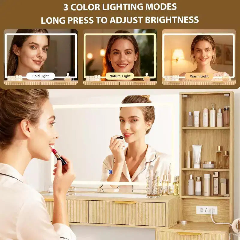 48 Fluted Makeup Vanity Desk with Mirror and Lights, Modern Makeup Table with 36 Lighted Mirror, 3 Color Modes, Built-in Outlet