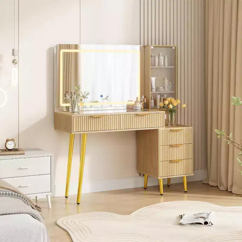 48 Fluted Makeup Vanity Desk with Mirror and Lights, Modern Makeup Table with 36 Lighted Mirror, 3 Color Modes, Built-in Outlet