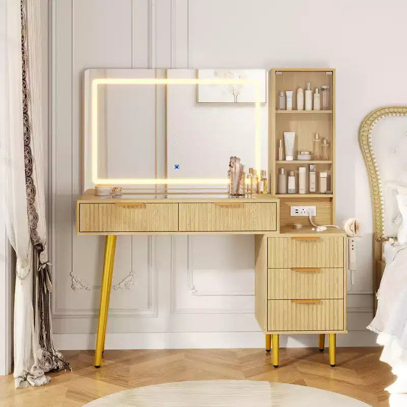 48 Fluted Makeup Vanity Desk with Mirror and Lights, Modern Makeup Table with 36 Lighted Mirror, 3 Color Modes, Built-in Outlet