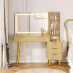 48 Fluted Makeup Vanity Desk with Mirror and Lights, Modern Makeup Table with 36 Lighted Mirror, 3 Color Modes, Built-in Outlet