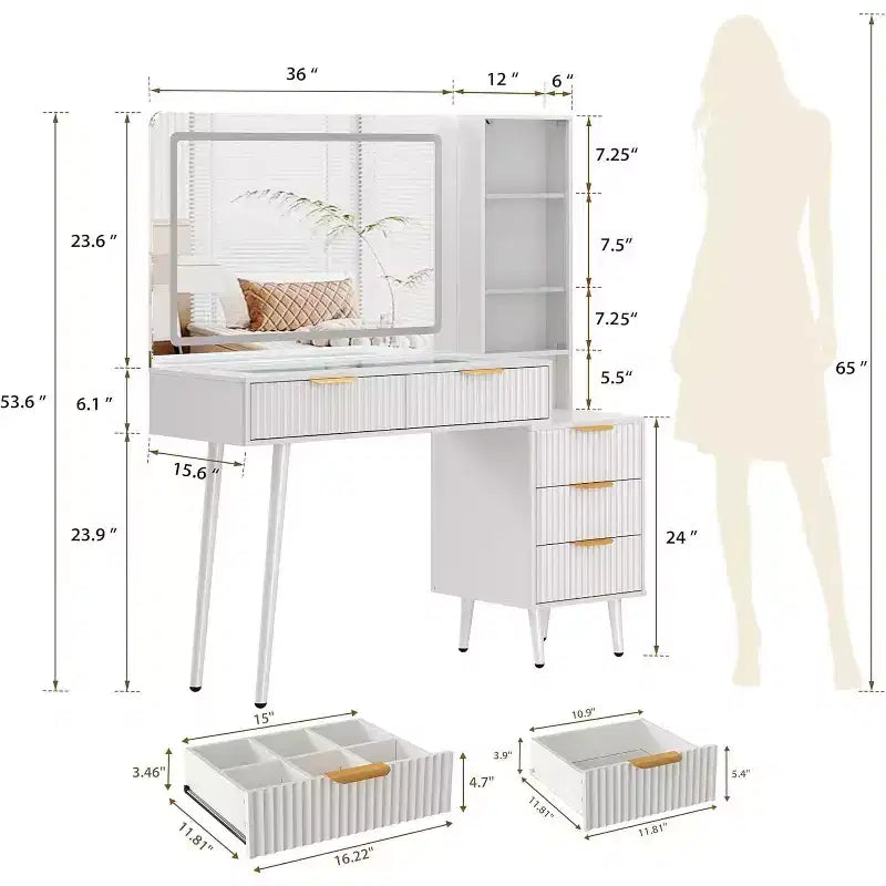 48 Fluted Makeup Vanity Desk with Mirror and Lights, Modern Makeup Table with 36 Lighted Mirror, 3 Color Modes, Built-in Outlet