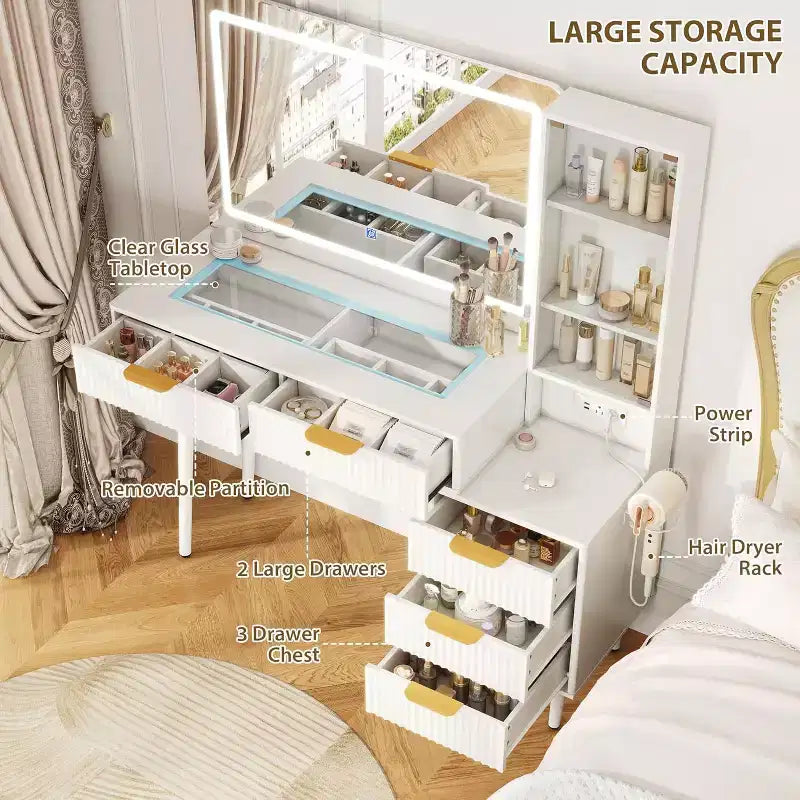 48 Fluted Makeup Vanity Desk with Mirror and Lights, Modern Makeup Table with 36 Lighted Mirror, 3 Color Modes, Built-in Outlet