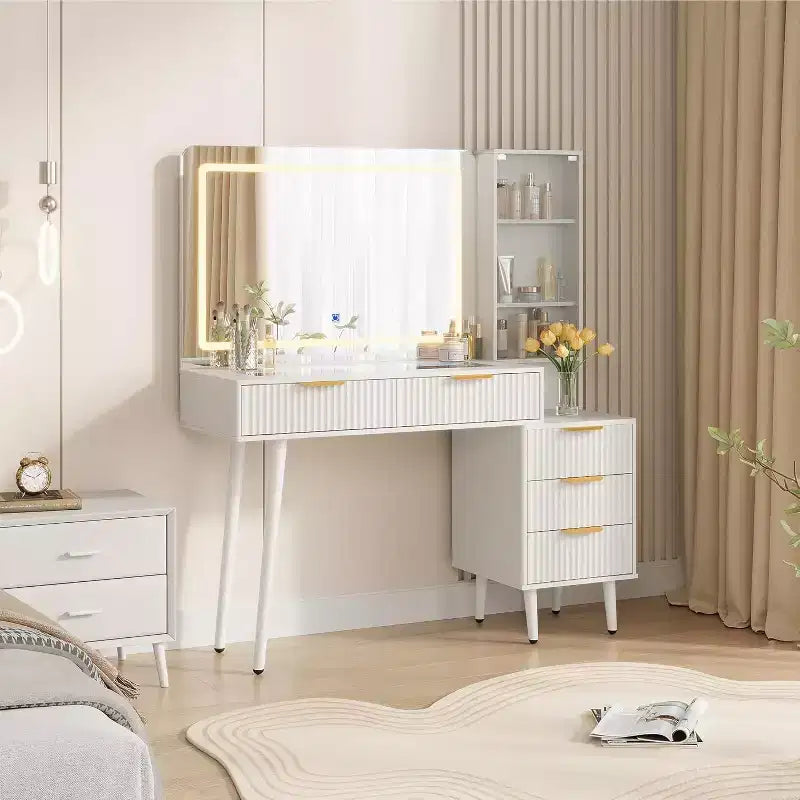 48 Fluted Makeup Vanity Desk with Mirror and Lights, Modern Makeup Table with 36 Lighted Mirror, 3 Color Modes, Built-in Outlet