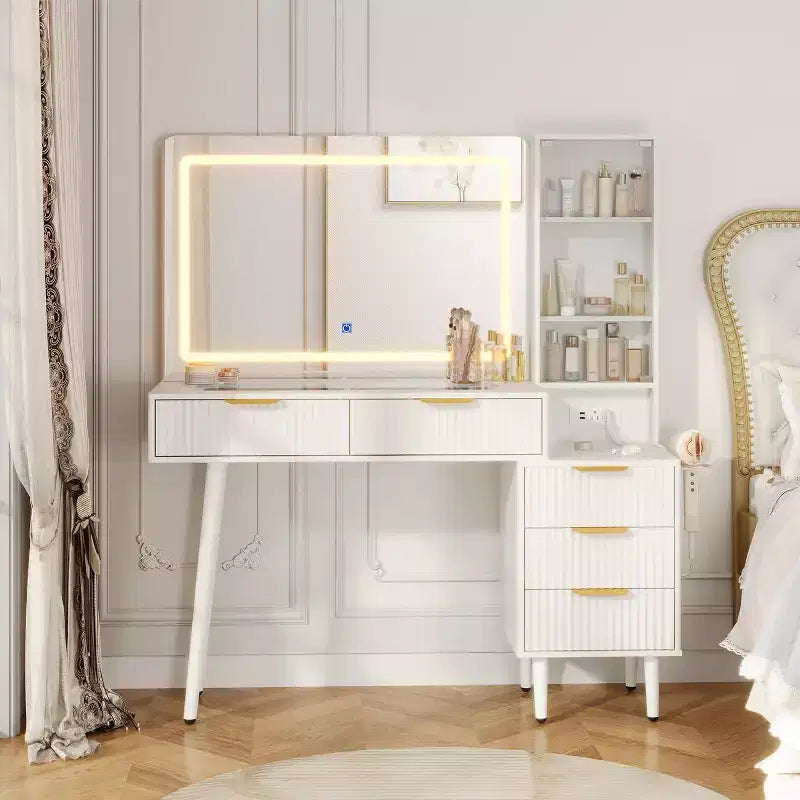 48 Fluted Makeup Vanity Desk with Mirror and Lights, Modern Makeup Table with 36 Lighted Mirror, 3 Color Modes, Built-in Outlet