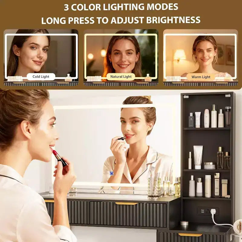 48 Fluted Makeup Vanity Desk with Mirror and Lights, Modern Makeup Table with 36 Lighted Mirror, 3 Color Modes, Built-in Outlet