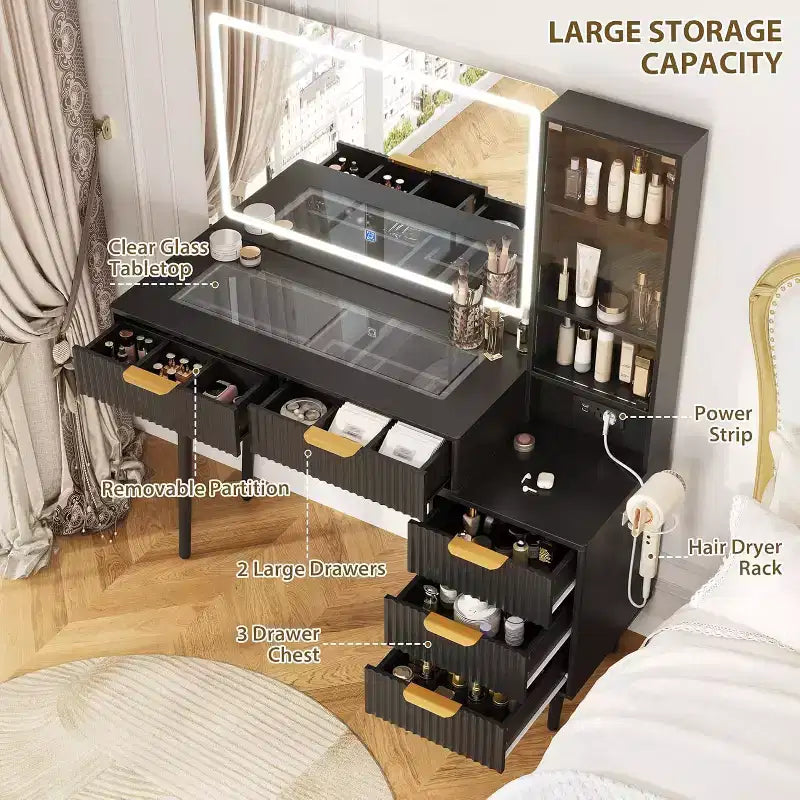 48 Fluted Makeup Vanity Desk with Mirror and Lights, Modern Makeup Table with 36 Lighted Mirror, 3 Color Modes, Built-in Outlet