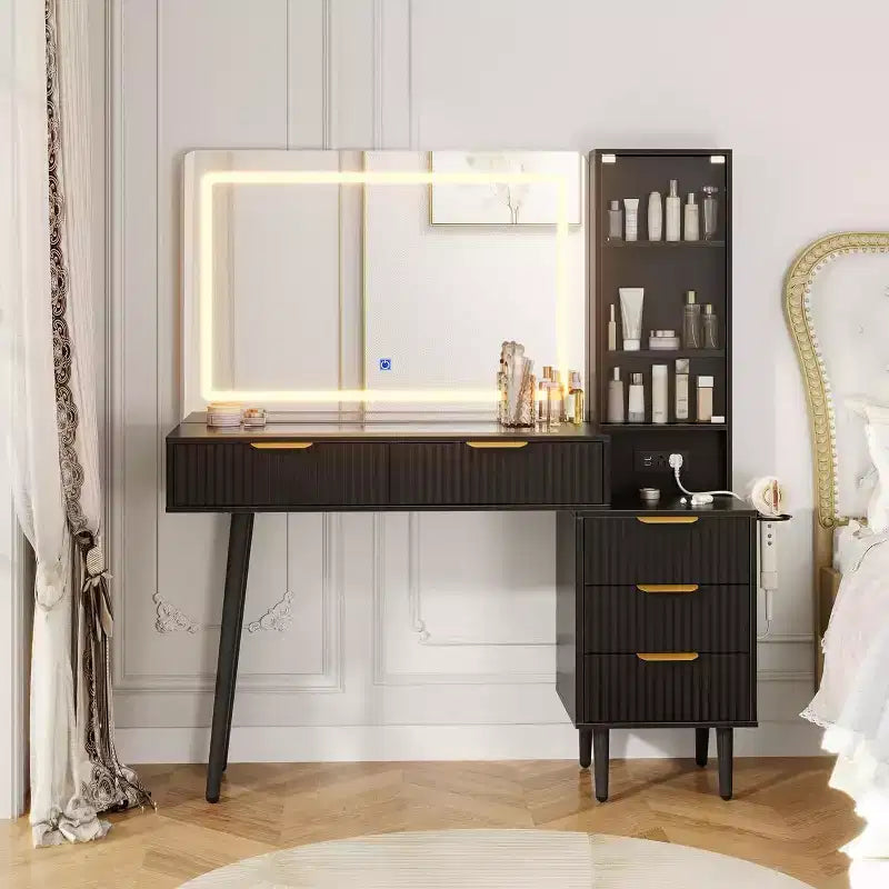 48 Fluted Makeup Vanity Desk with Mirror and Lights, Modern Makeup Table with 36 Lighted Mirror, 3 Color Modes, Built-in Outlet