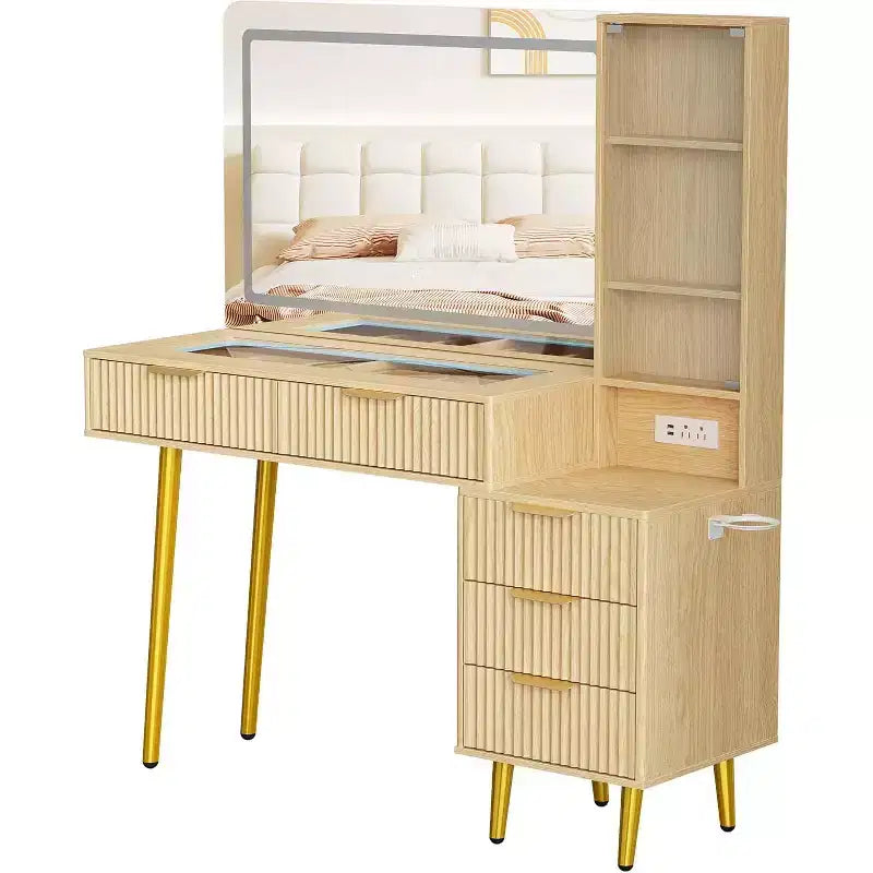 Toeletta da Trucco Scanalata da 122 cm con Specchio e Luci, Tavolo da Trucco Moderno con Specchio Illuminato a 36 LED, 3 Modalità Colore, Presa Incorporata