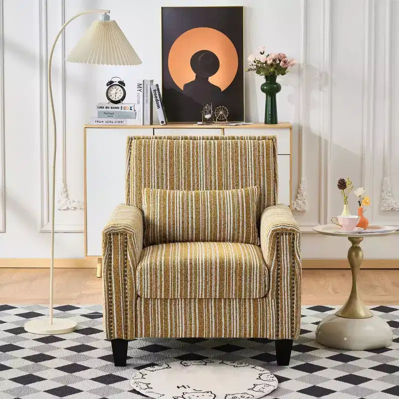 Poltrona Lounge in Tessuto a Righe Stile Mid-Century Okak con Rifiniture Borchiate, Sedia per Lettura e Relax per Soggiorni, Aree Relax