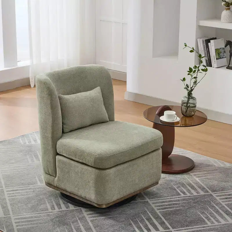 Poltrona girevole Okak Mid-Century in ciniglia con cuscino, poltrona accent senza braccioli per soggiorni, aree relax