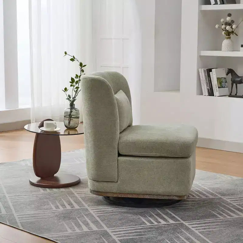 Poltrona girevole Okak Mid-Century in ciniglia con cuscino, poltrona accent senza braccioli per soggiorni, aree relax