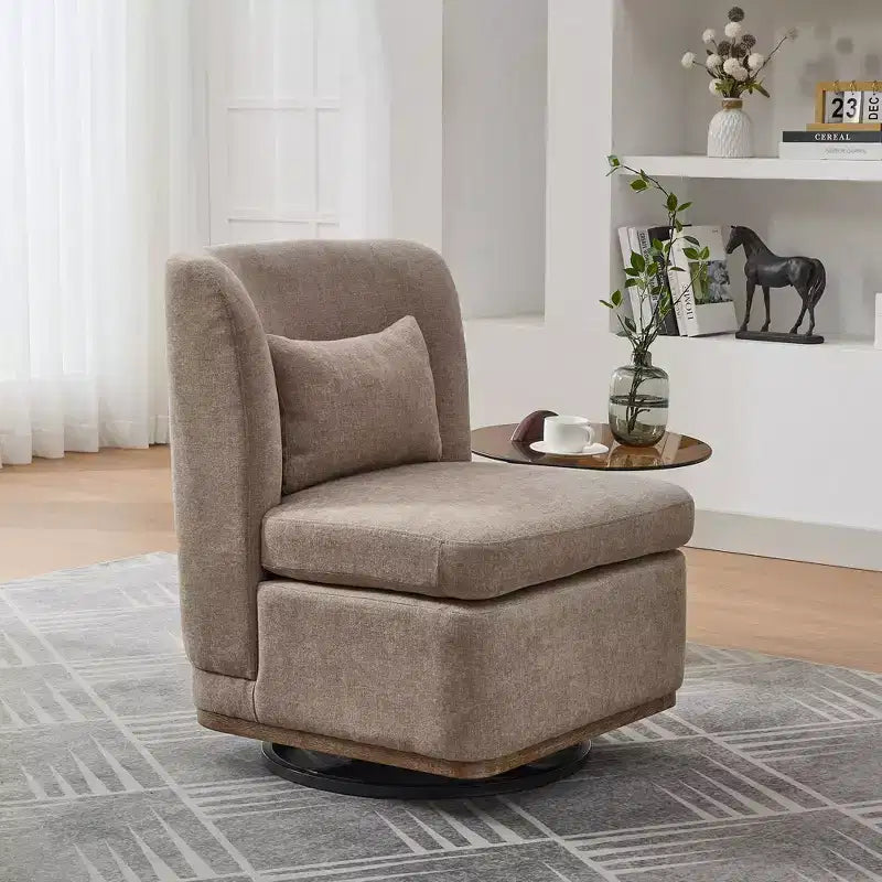 Poltrona girevole Okak Mid-Century in ciniglia con cuscino, poltrona accent senza braccioli per soggiorni, aree relax