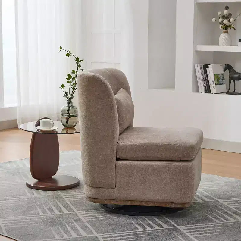 Poltrona girevole Okak Mid-Century in ciniglia con cuscino, poltrona accent senza braccioli per soggiorni, aree relax