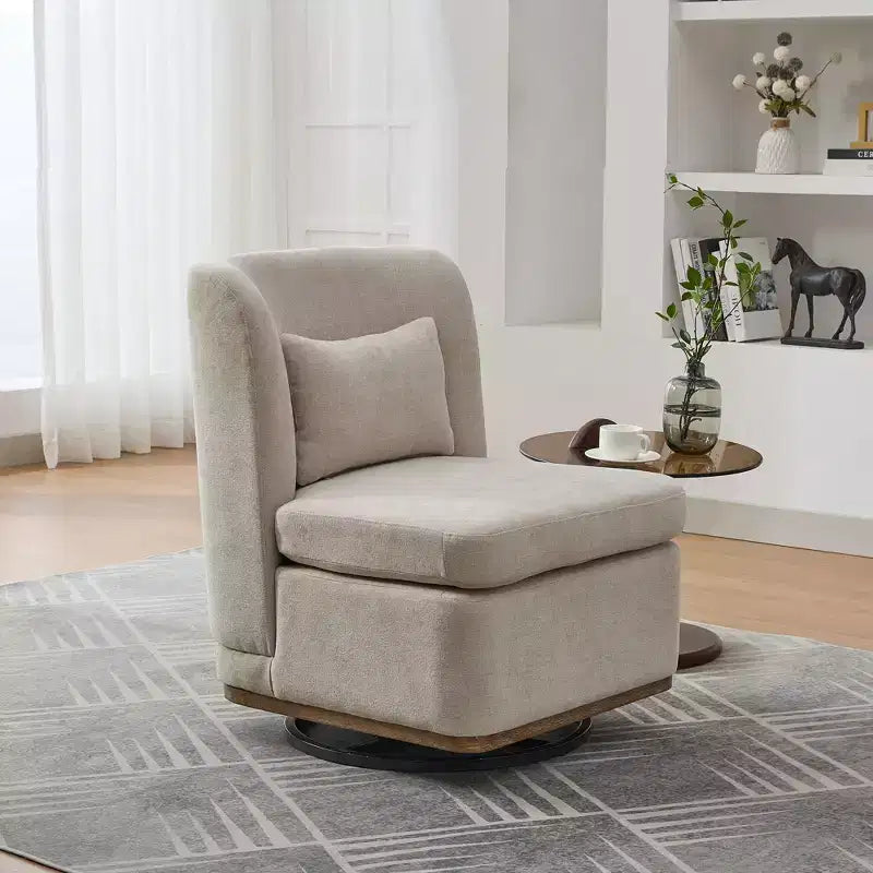 Poltrona girevole Okak Mid-Century in ciniglia con cuscino, poltrona accent senza braccioli per soggiorni, aree relax