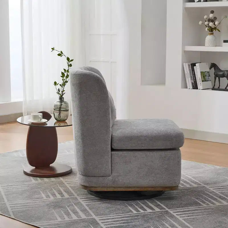 Poltrona girevole Okak Mid-Century in ciniglia con cuscino, poltrona accent senza braccioli per soggiorni, aree relax