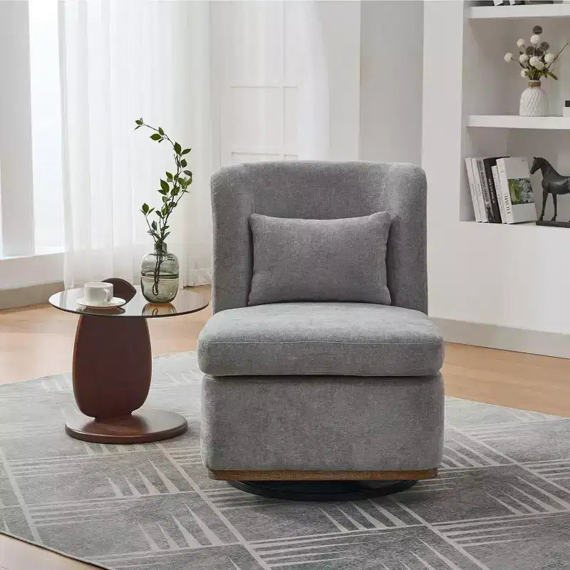 Poltrona girevole Okak Mid-Century in ciniglia con cuscino, poltrona accent senza braccioli per soggiorni, aree relax