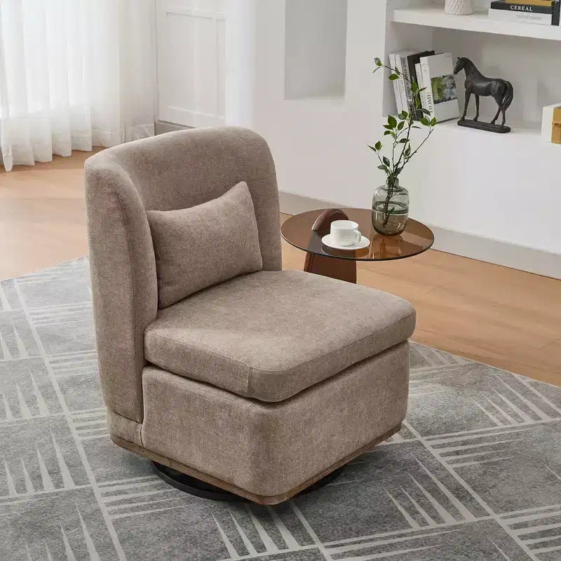 Poltrona girevole Okak Mid-Century in ciniglia con cuscino, poltrona accent senza braccioli per soggiorni, aree relax