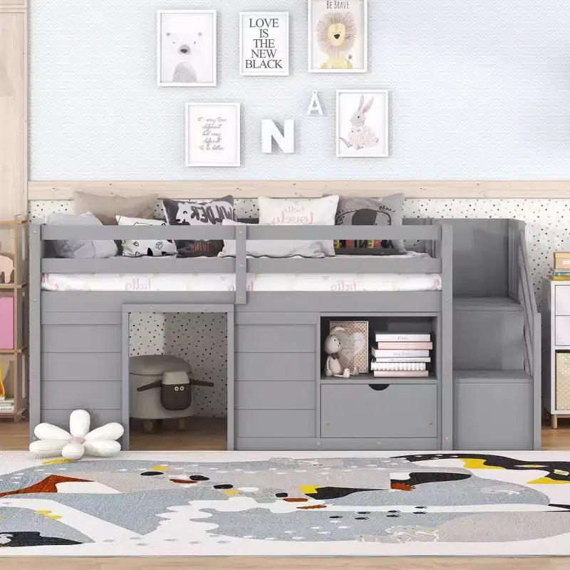 Okak 94.56IN Letto a soppalco per bambini singolo con cassetti e mensole, letto a castello con scaletta e sponda di sicurezza, struttura letto per cameretta bambini