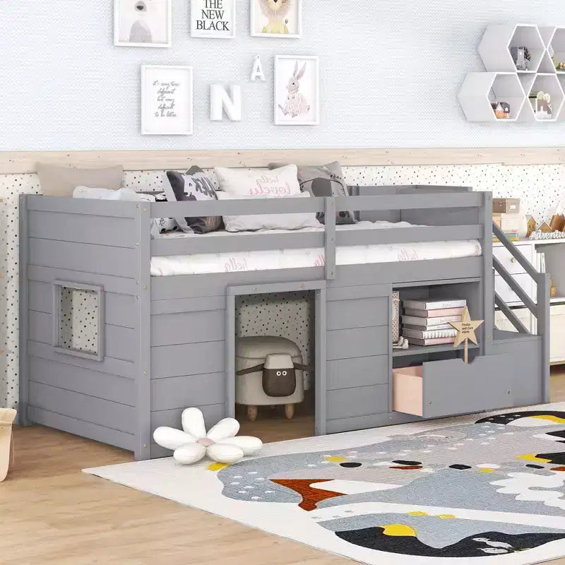 Okak 94.56IN Letto a soppalco per bambini singolo con cassetti e mensole, letto a castello con scaletta e sponda di sicurezza, struttura letto per cameretta bambini