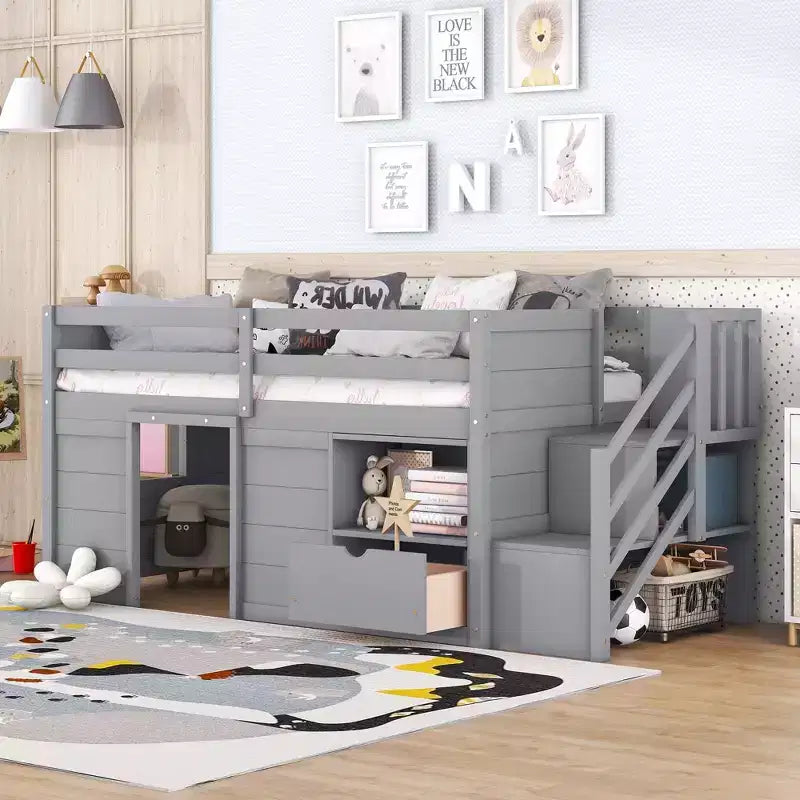 Okak 94.56IN Letto a soppalco per bambini singolo con cassetti e mensole, letto a castello con scaletta e sponda di sicurezza, struttura letto per cameretta bambini
