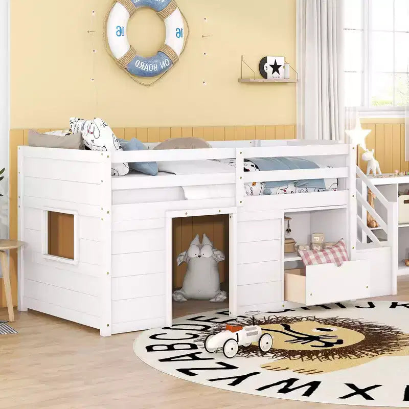 Okak 94.56IN Letto a soppalco per bambini singolo con cassetti e mensole, letto a castello con scaletta e sponda di sicurezza, struttura letto per cameretta bambini
