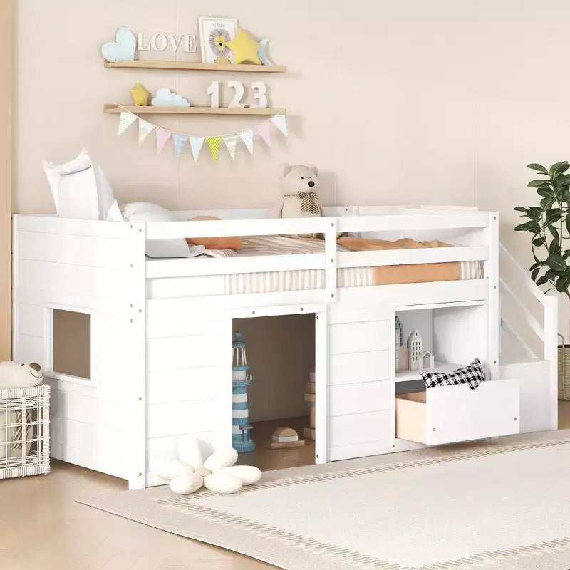 Okak 94.56IN Letto a soppalco per bambini singolo con cassetti e mensole, letto a castello con scaletta e sponda di sicurezza, struttura letto per cameretta bambini