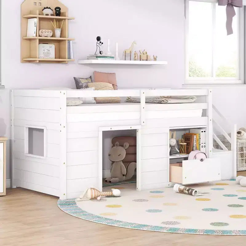 Okak 94.56IN Letto a soppalco per bambini singolo con cassetti e mensole, letto a castello con scaletta e sponda di sicurezza, struttura letto per cameretta bambini