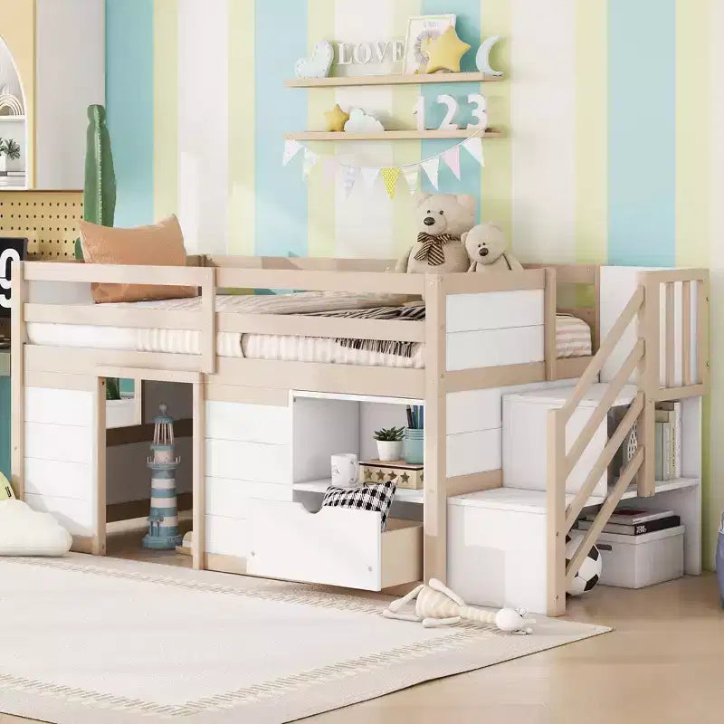 Okak 94.56IN Letto a soppalco per bambini singolo con cassetti e mensole, letto a castello con scaletta e sponda di sicurezza, struttura letto per cameretta bambini