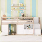Okak 94.56IN Letto a soppalco per bambini singolo con cassetti e mensole, letto a castello con scaletta e sponda di sicurezza, struttura letto per cameretta bambini