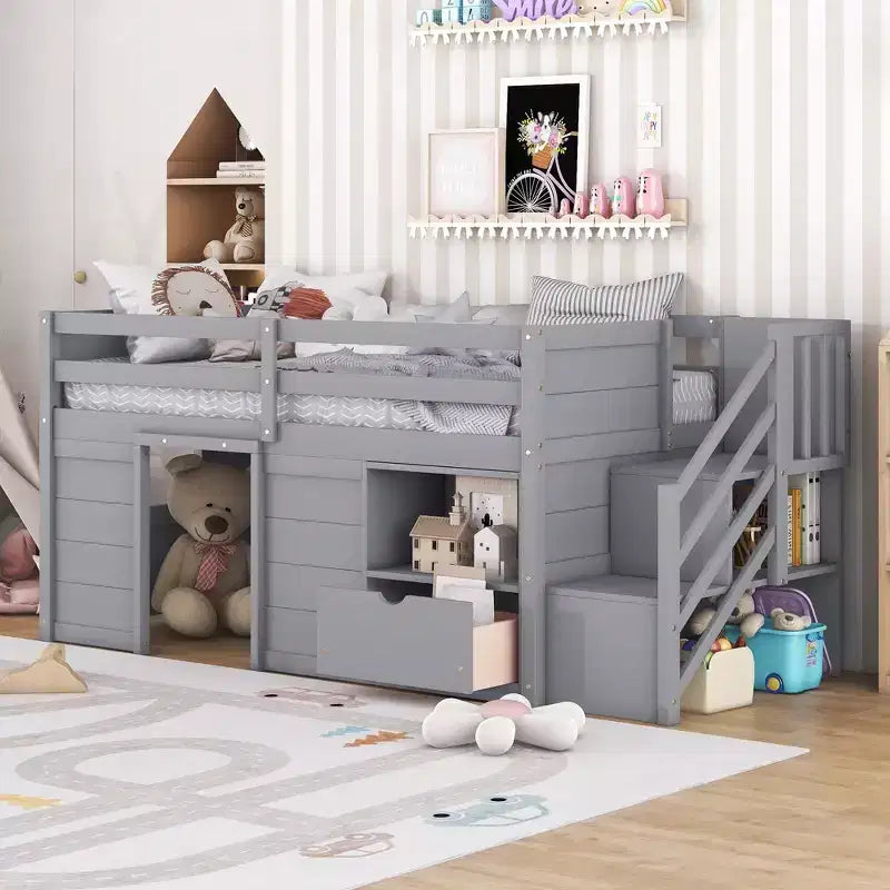 Okak 94.56IN Letto a soppalco per bambini singolo con cassetti e mensole, letto a castello con scaletta e sponda di sicurezza, struttura letto per cameretta bambini
