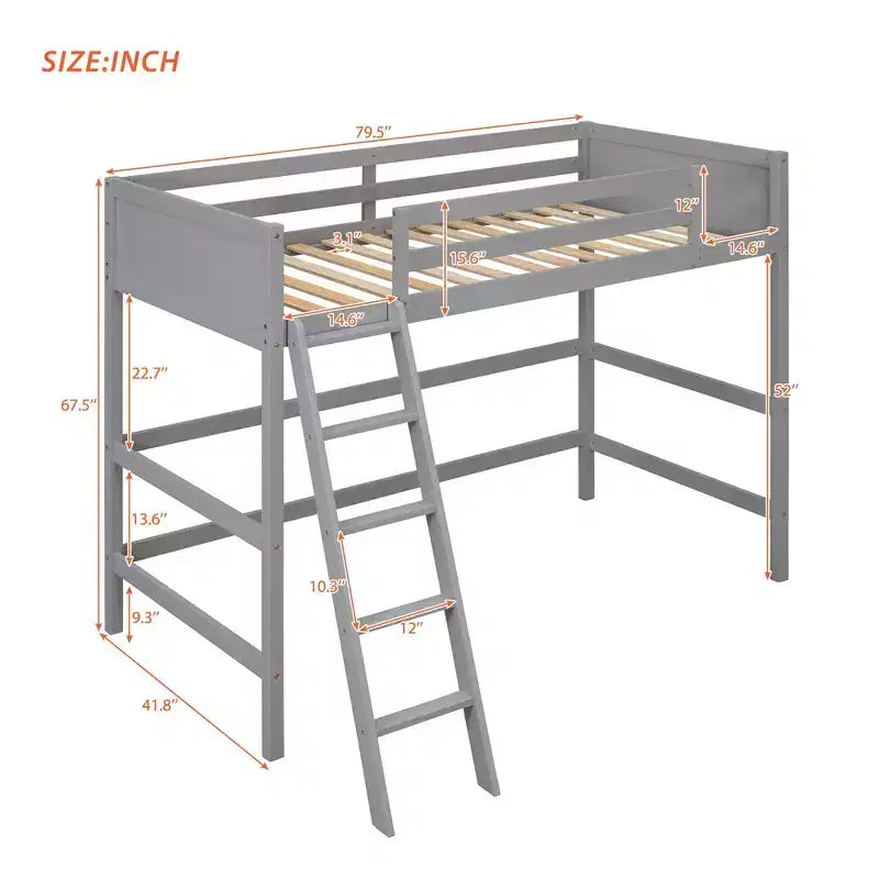 Okak 79.5IN Twin Size Kids Loft Bed with Ladder, Twin Bed with Safety Guardrails, Bed Frames for Kids Room, Gaming Room, Living Room