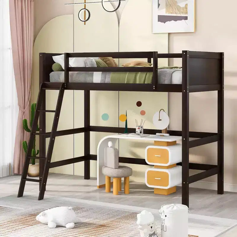 Okak 79.5IN Twin Size Kids Loft Bed with Ladder, Twin Bed with Safety Guardrails, Bed Frames for Kids Room, Gaming Room, Living Room