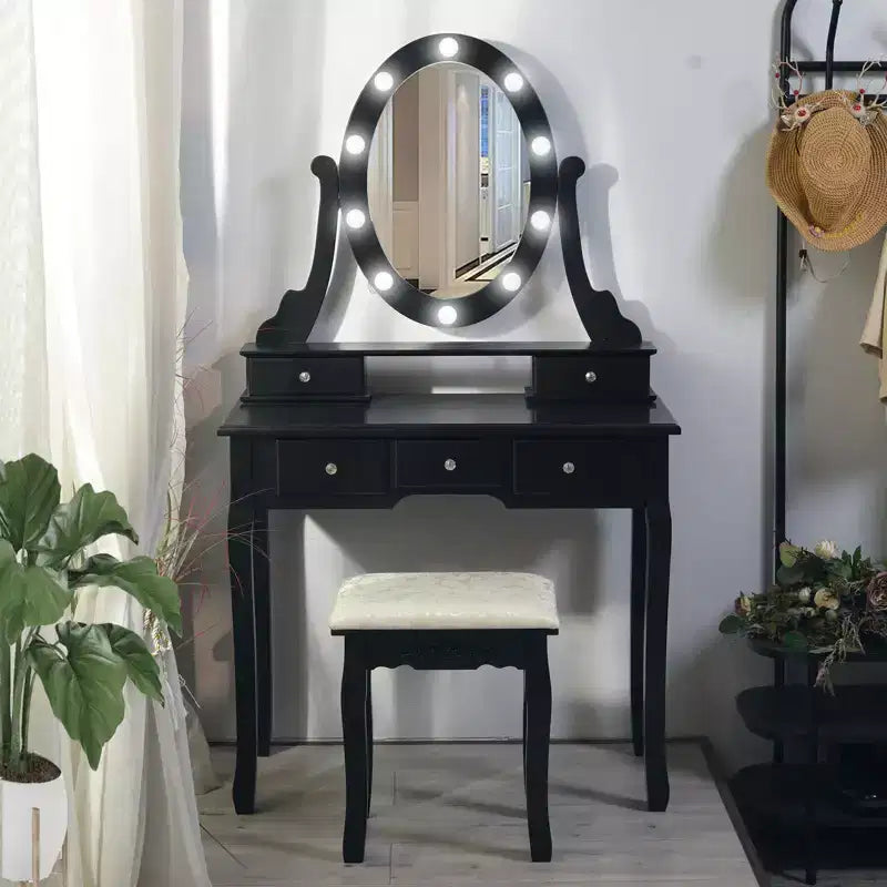 Small Moder Makeup Vanity Desk with Mirror and Lights Girls Vanity Table Set with 5 Storage Drawer,Stool for Bedroom, Dressing Table for Bedroom