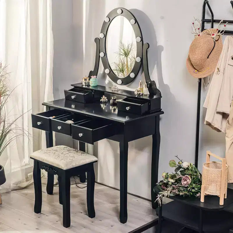 Piccola toeletta moderna con specchio e luci, set da trucco per ragazze con 5 cassetti portaoggetti, sgabello per camera da letto, tavolino da trucco per camera da letto