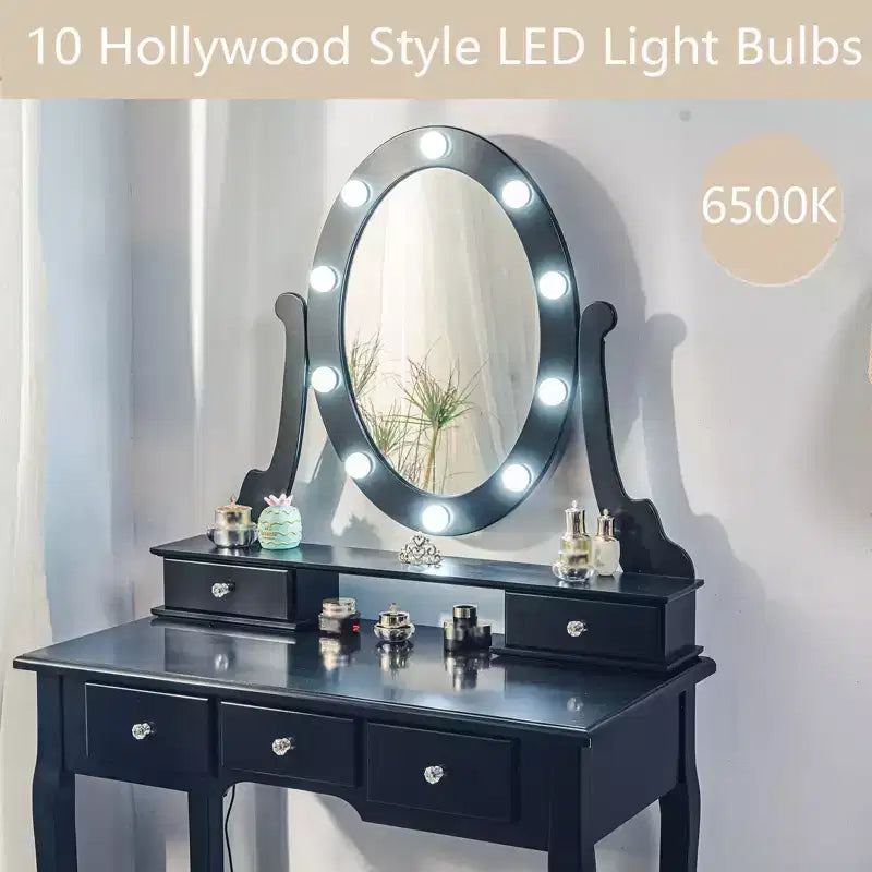 Piccola toeletta moderna con specchio e luci, set da trucco per ragazze con 5 cassetti portaoggetti, sgabello per camera da letto, tavolino da trucco per camera da letto