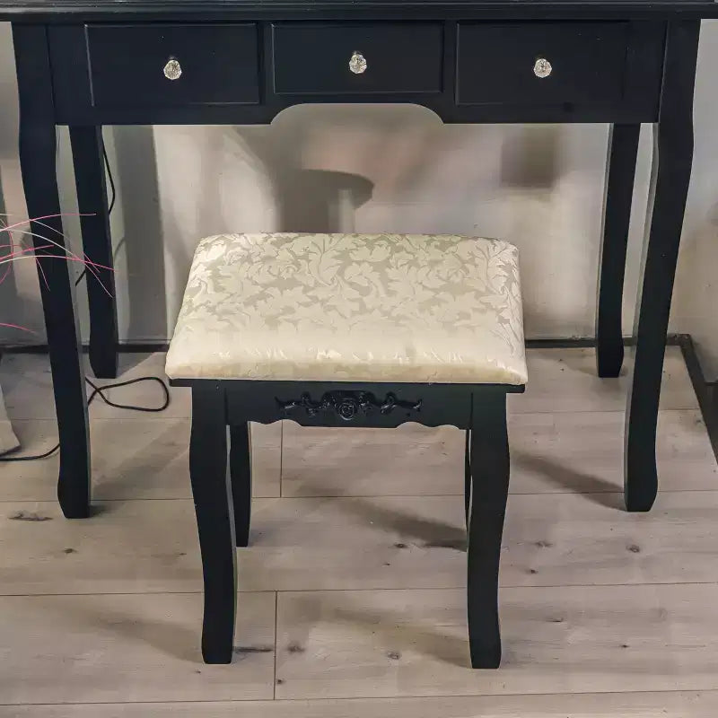 Piccola toeletta moderna con specchio e luci, set da trucco per ragazze con 5 cassetti portaoggetti, sgabello per camera da letto, tavolino da trucco per camera da letto