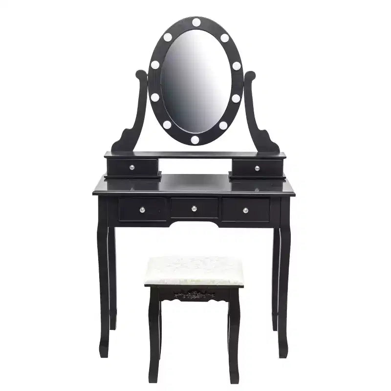Piccola toeletta moderna con specchio e luci, set da trucco per ragazze con 5 cassetti portaoggetti, sgabello per camera da letto, tavolino da trucco per camera da letto