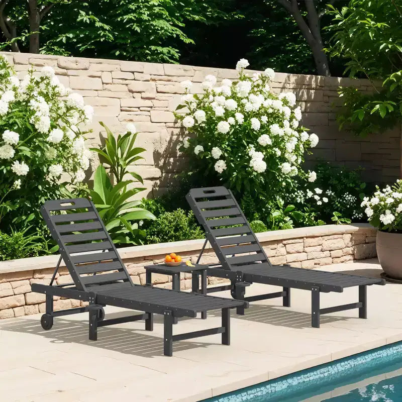 HYLEORY High-Density Polyethylene Recliner Lounge Chair with 5-Level Adjustment Back and Smooth Rolling Wheels and Cup-Holder(Set of 2)